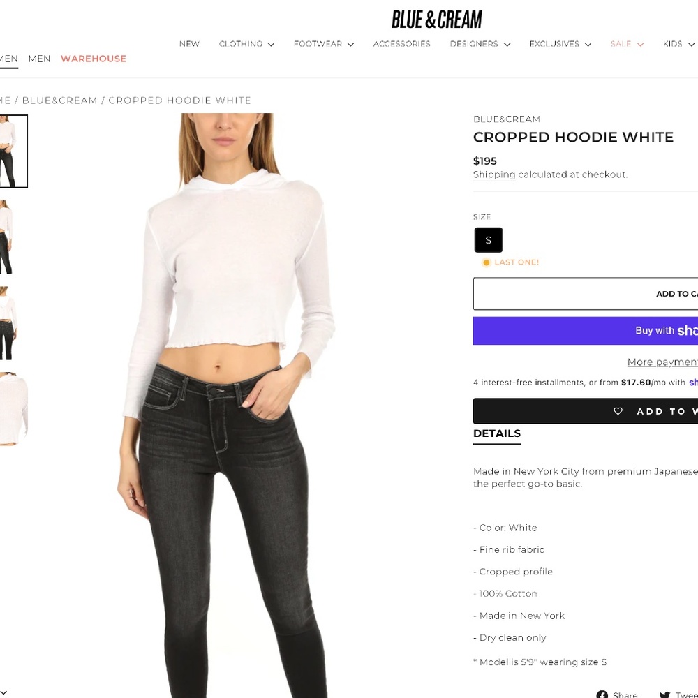 Caroyn Bissette BLUE and CREAM white cropped tissue cotton hoodie-size small